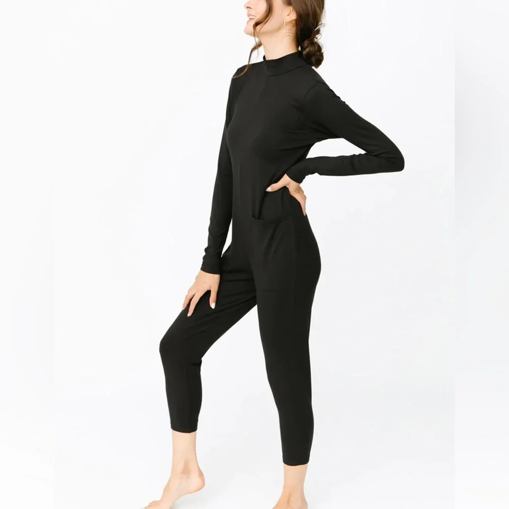 Smash + Tess Audrey Romper Black Bamboo Blend Jumpsuit Large Loungewear Pockets - Picture 3 of 11